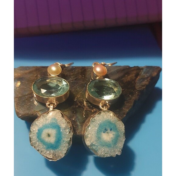 Blue druzy agate? Earrings with blue glass and faux pearl silver plated - Picture 6 of 9